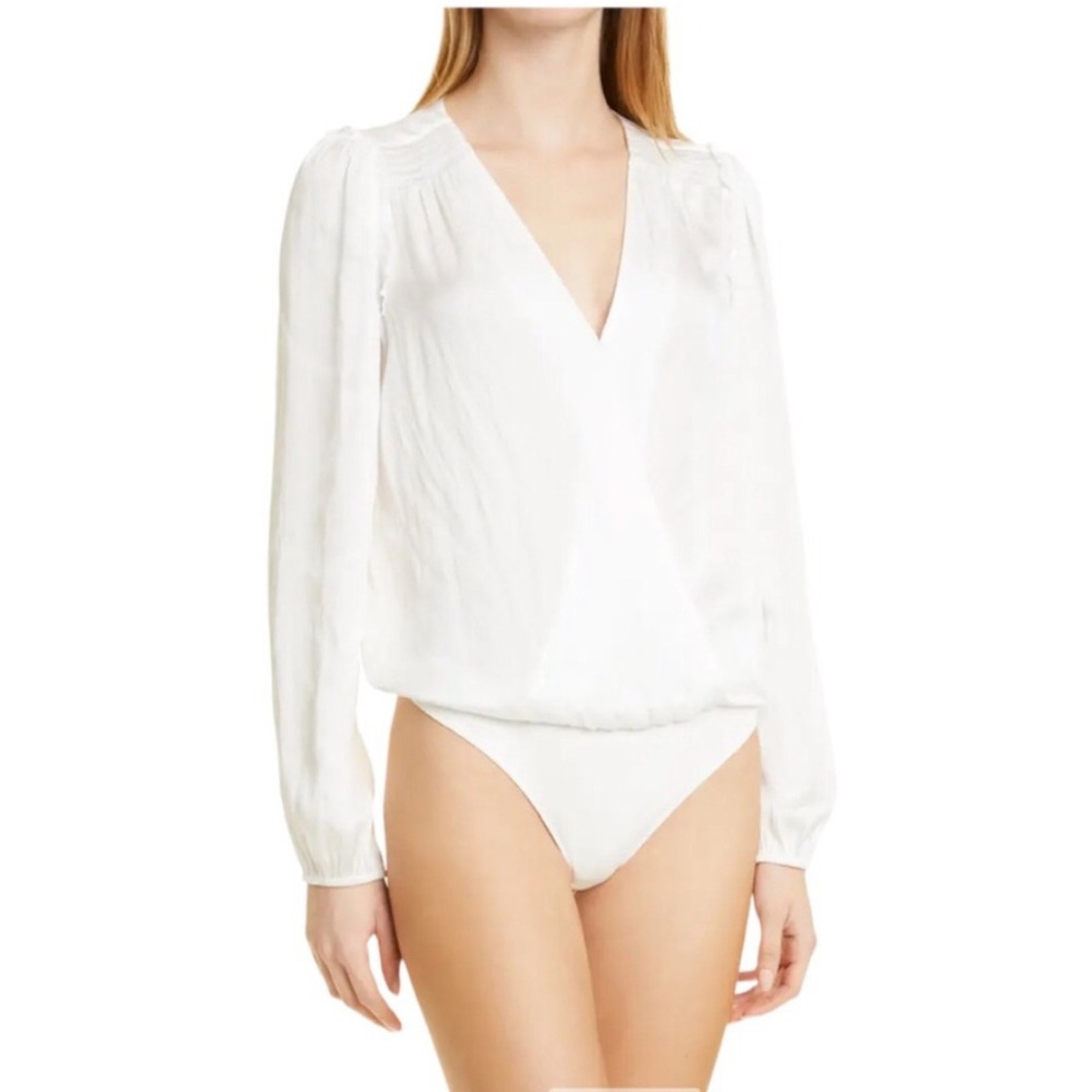 Paige Whitney White Faux Wrap Ruffle Trim Sleeve Bodysuit Size Medium